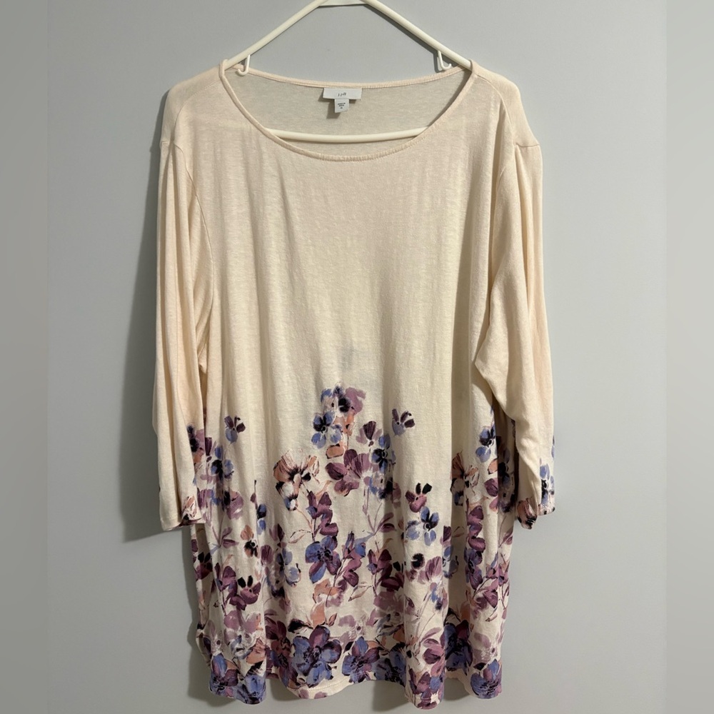 J. Jill Top Cotton 3/4 Sleeve XL Cream with Purple Floral, Round Neck